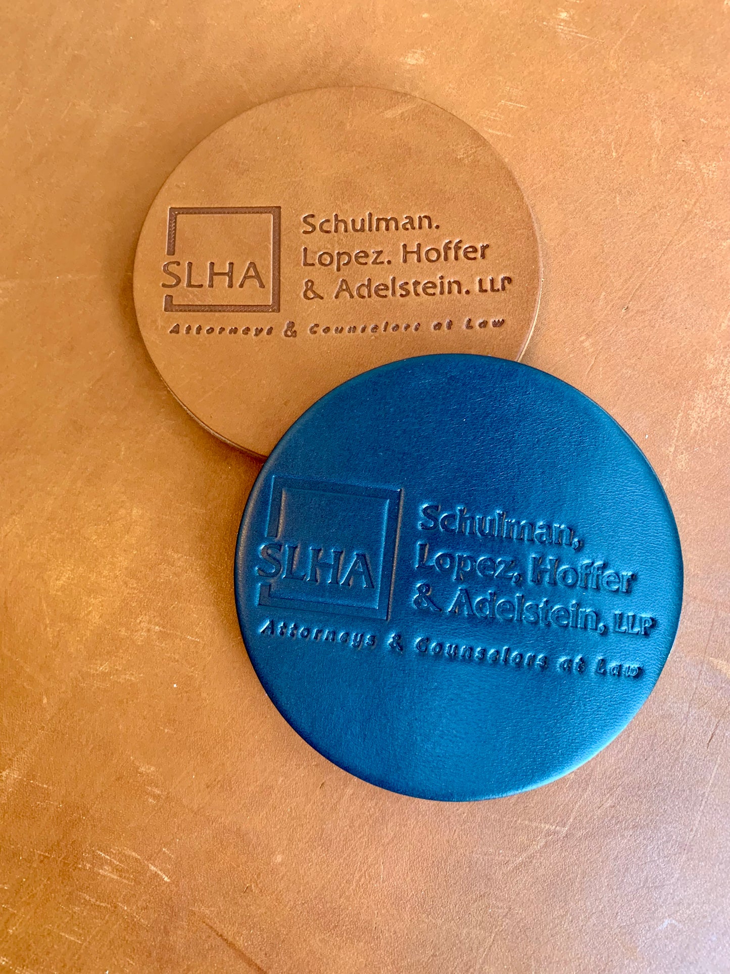 Custom Logo Coasters | Stamped Logo Leather Coasters