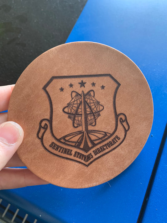 Sentinel Engraved 4" Round Leather Coaster